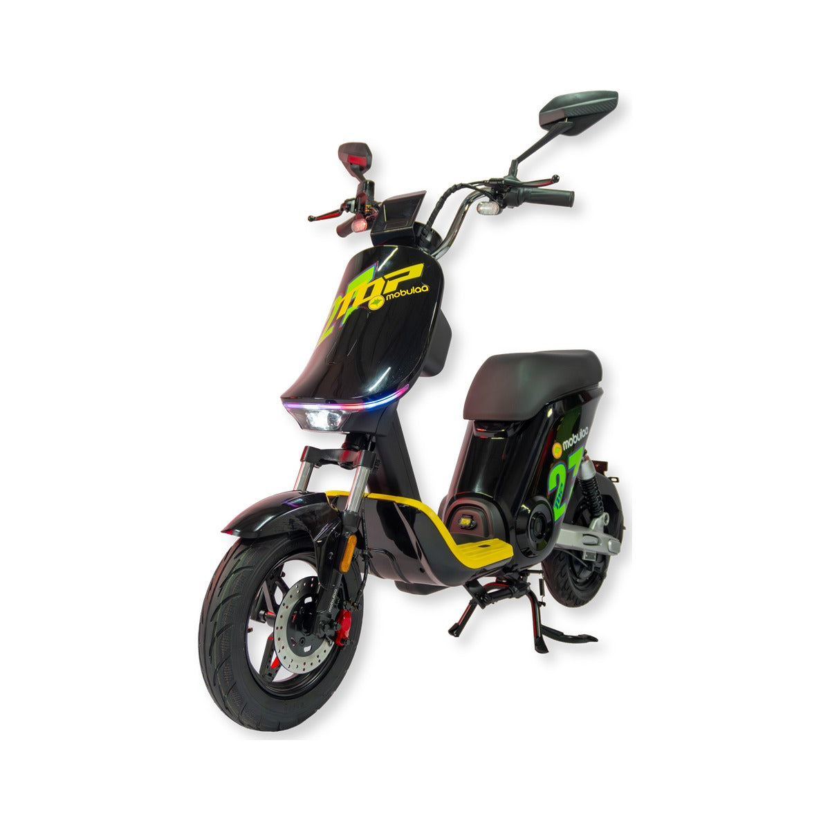 Bicimoto eléctrica Mobulaa Extra-2L en negro con amarillo sobre fondo blanco