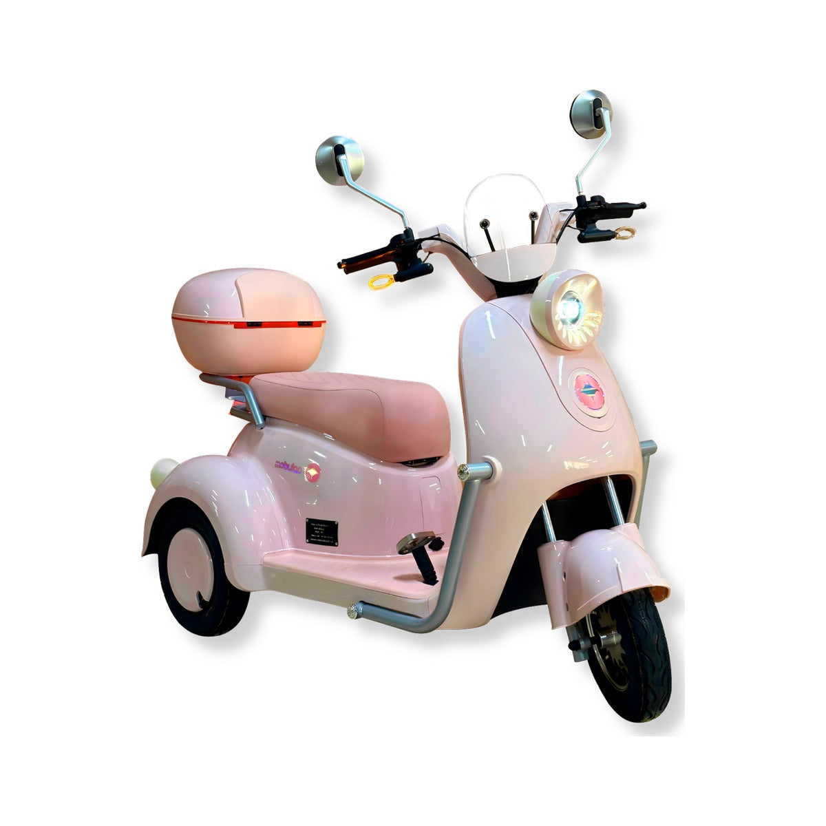 Trimoto eléctrica Mobulaa Family-3 M3 de color rosa sobre fondo blanco