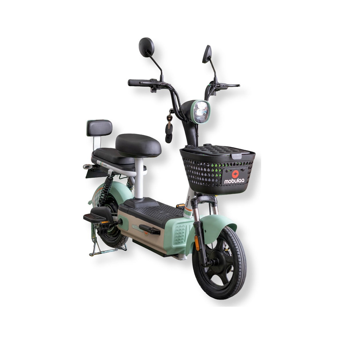 Bicimoto eléctrica Mobulaa Camellito de color verde sobre fondo blanco