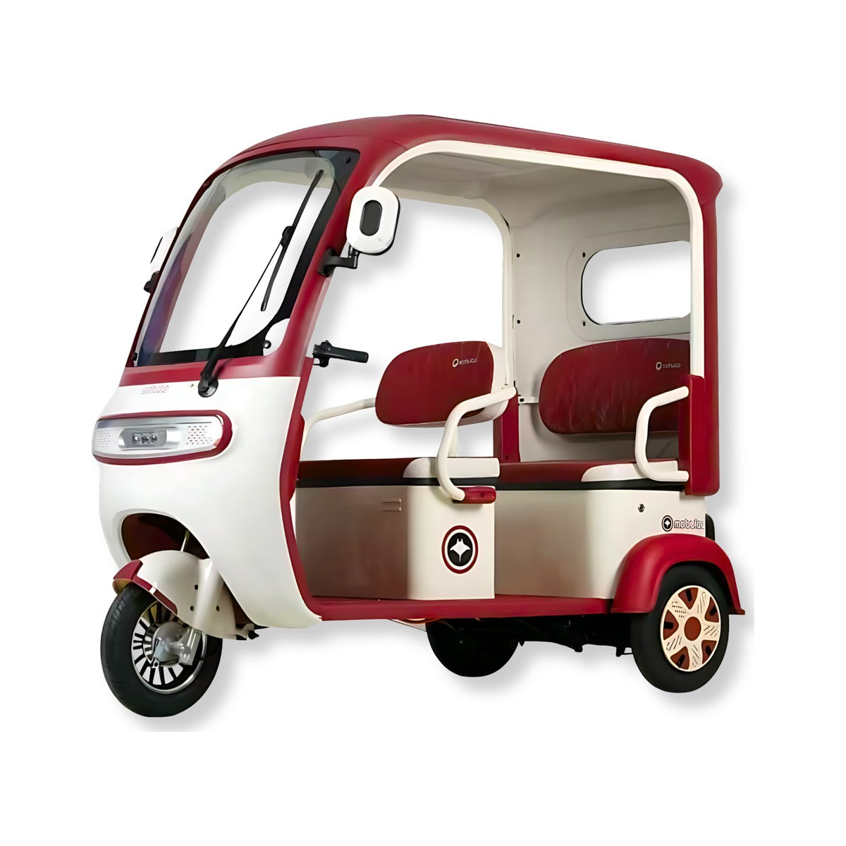 Trimoto eléctrica Mobulaa Family-9B P9B con panel solar en vinotinto y crema sobre fondo blanco