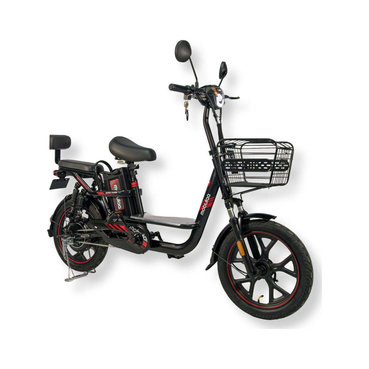 Bicicleta eléctrica Mobulaa Neobike EB-19 con carrocería negra y detalles rojos sobre fondo blanco