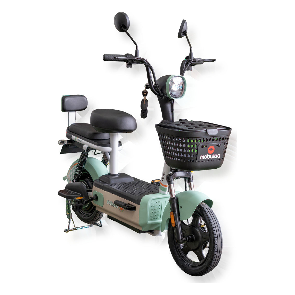 Bicimoto eléctrica MOBULAA Camellito color verde, vista en tres cuartos delantera del lado derecho, sobre fondo blanco