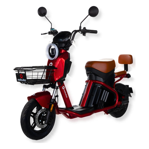 Bicimoto eléctrica MOBULAA EB-10 Sparta color rojo, vista en tres cuartos delantera, sobre fondo blanco