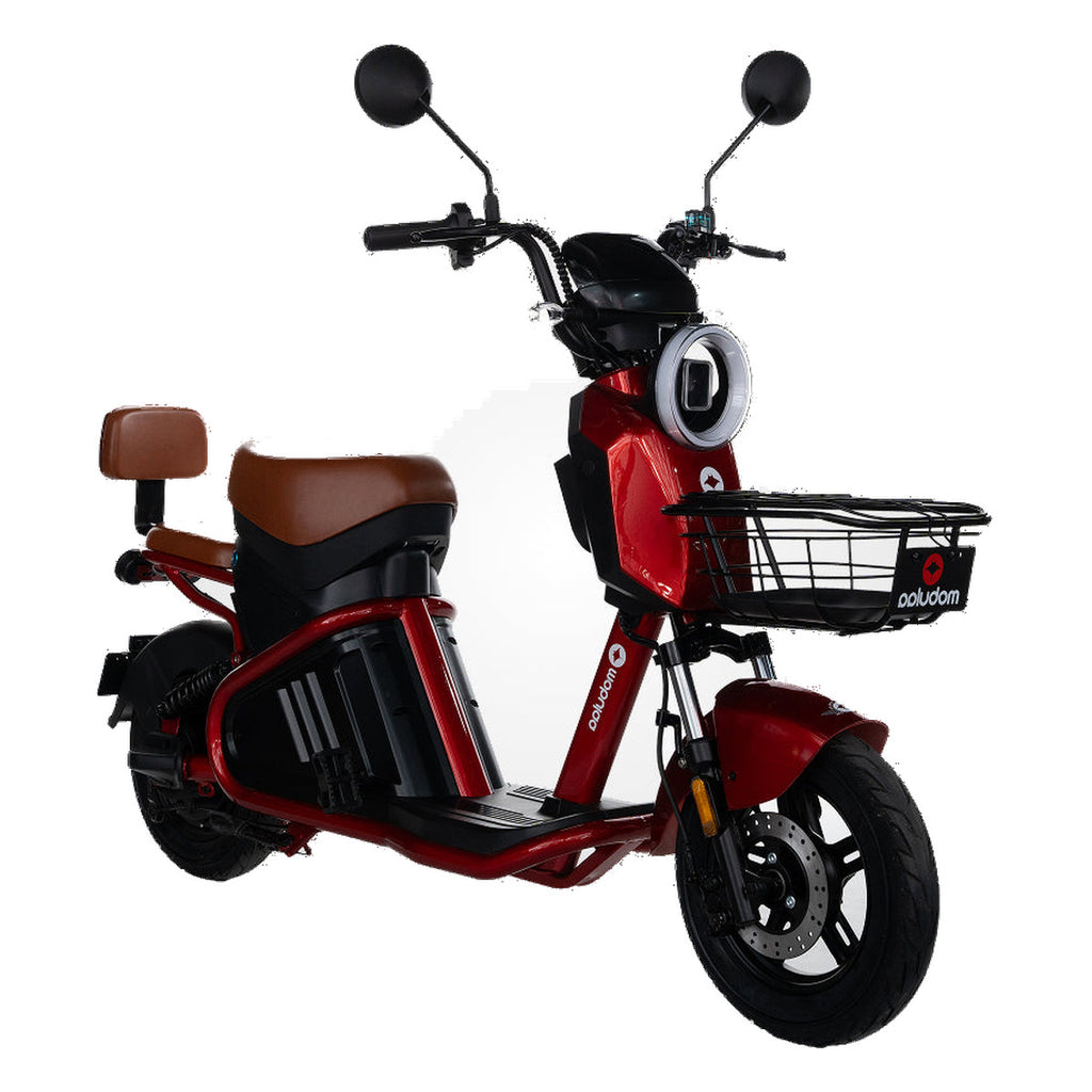 Bicimoto eléctrica MOBULAA EB-10 Sparta color rojo, vista en tres cuartos delantera del lado derecho, sobre fondo blanco