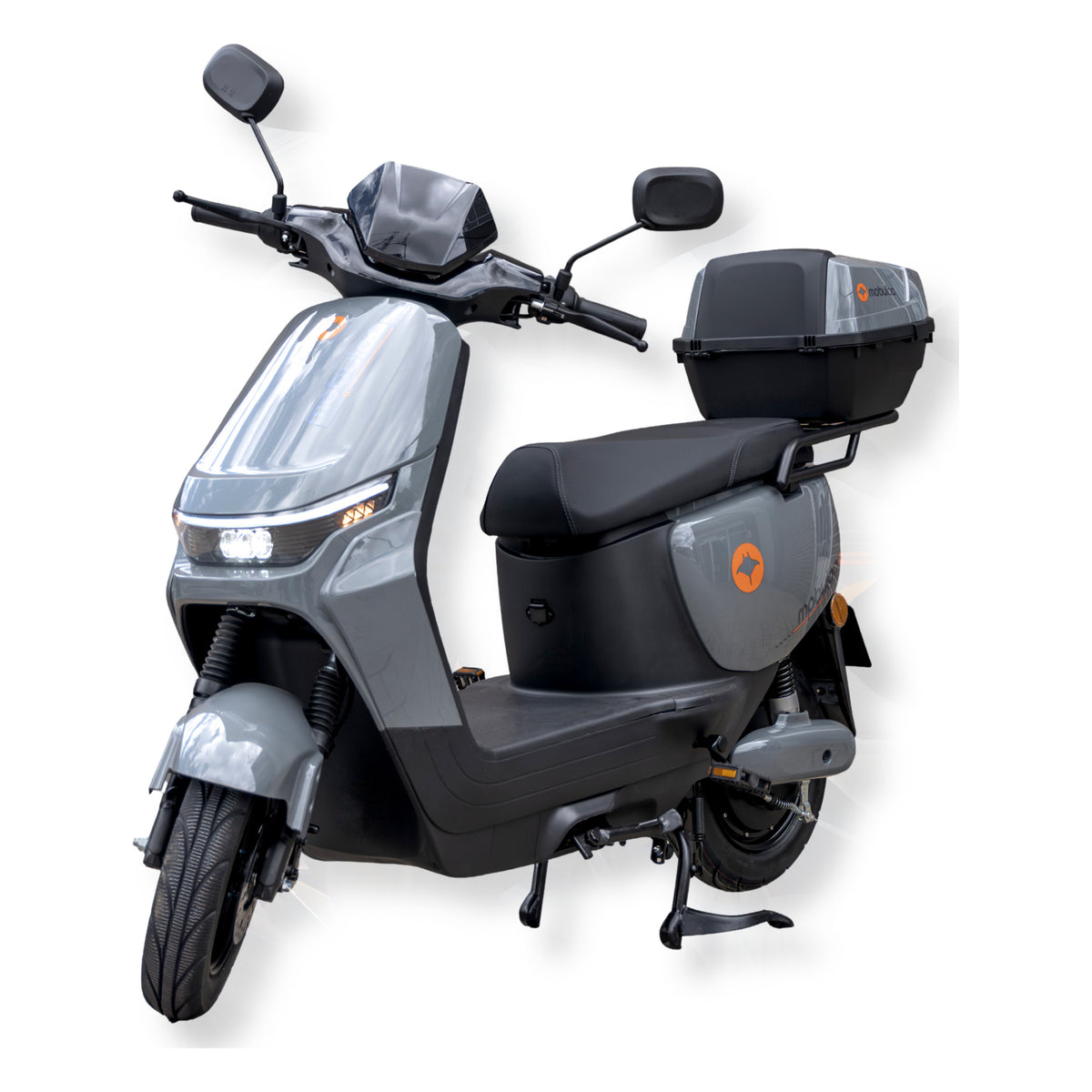Bicimoto eléctrica MOBULAA EB-16 Príncipe color blanco, vista en tres cuartos delantera del lado izquierdo, sobre fondo blanco