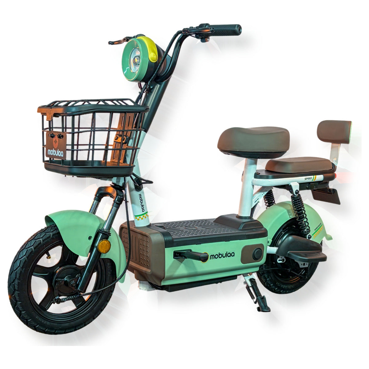Bicimoto eléctrica MOBULAA EB-1C, vista en tres cuartos delantera del lado izquierdo, sobre fondo blanco