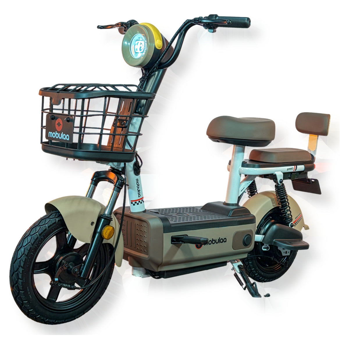 Bicimoto eléctrica MOBULAA EB-1C, vista en tres cuartos delantera del lado izquierdo, sobre fondo blanco