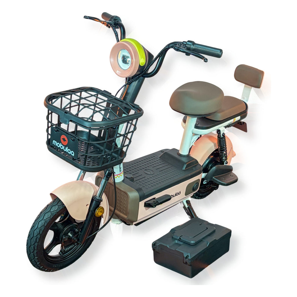 Bicimoto eléctrica MOBULAA EB-1C, vista en tres cuartos delantera del lado izquierdo, con las piezas que se entregan sueltas, sobre fondo blanco