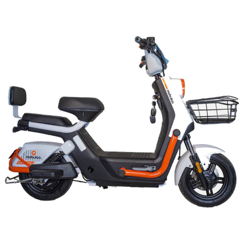 Bicimoto eléctrica MOBULAA EB-7 Tank Pro blanca con vivos naranja, vista de perfil del lado izquierdo, sobre fondo blanco