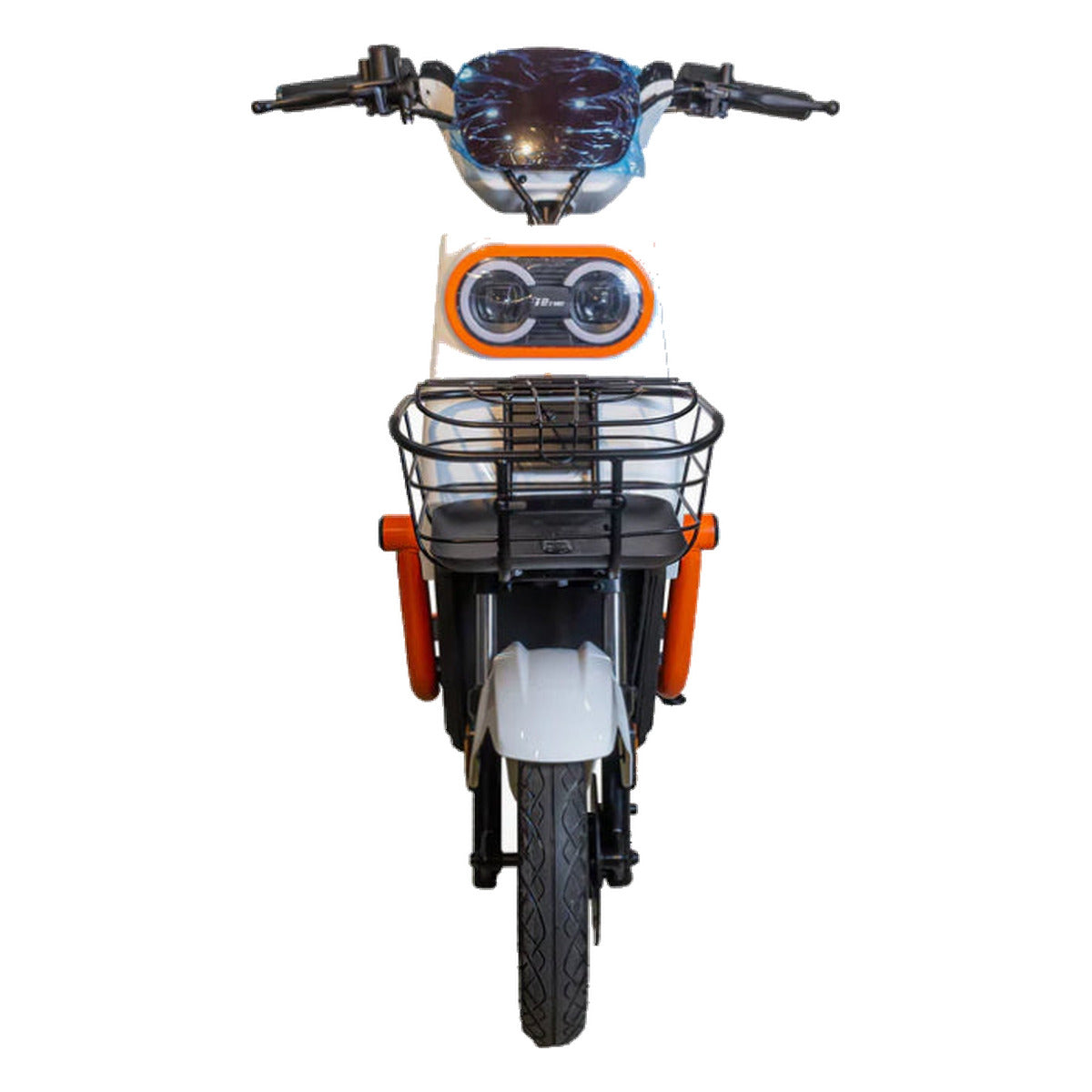 Bicimoto eléctrica MOBULAA EB-7 Tank Pro blanca con vivos naranja, vista frontal, sobre fondo blanco
