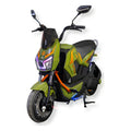 Bicimoto eléctrica MOBULAA Raptor Pro color verde, vista en tres cuartos delantera del lado izquierdo, sobre fondo blanco