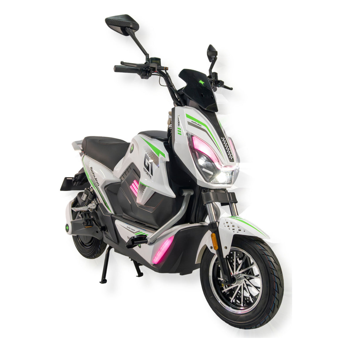 Bicimoto eléctrica MOBULAA Raptor Ultra color blanco, vista en tres cuartos delantera del lado izquierdo, sobre fondo blanco