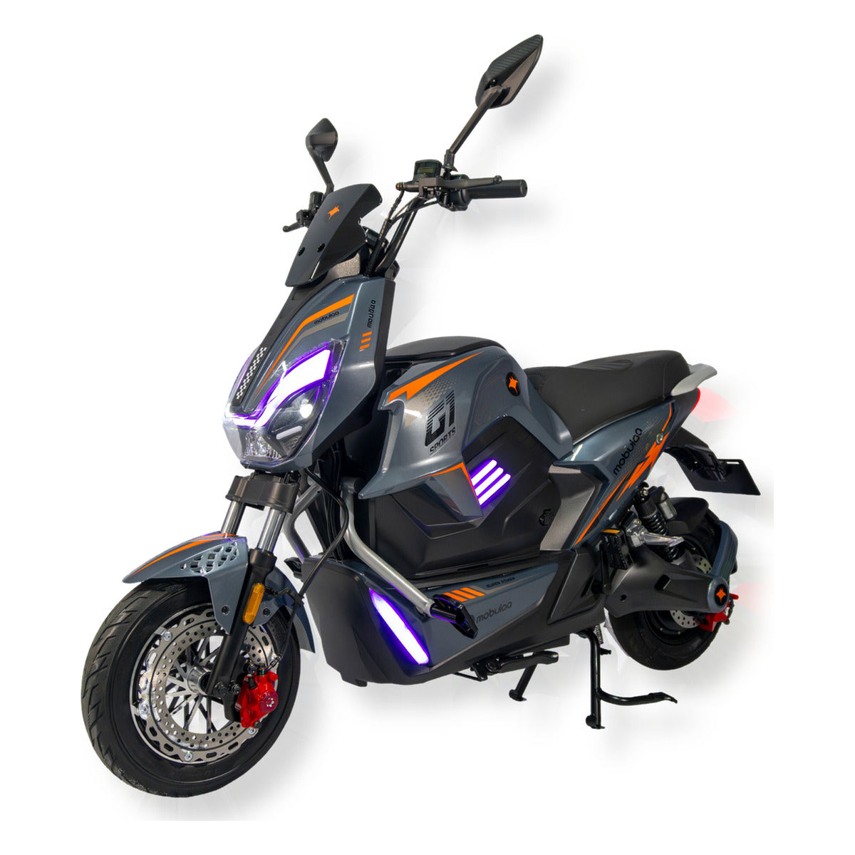 Bicimoto eléctrica MOBULAA Raptor Ultra color gris, vista en tres cuartos delantera del lado izquierdo, sobre fondo blanco