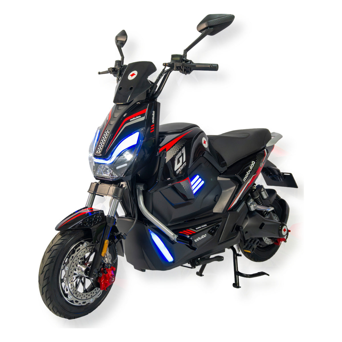 Bicimoto eléctrica MOBULAA Raptor Ultra color negro, vista en tres cuartos delantera del lado izquierdo, sobre fondo blanco