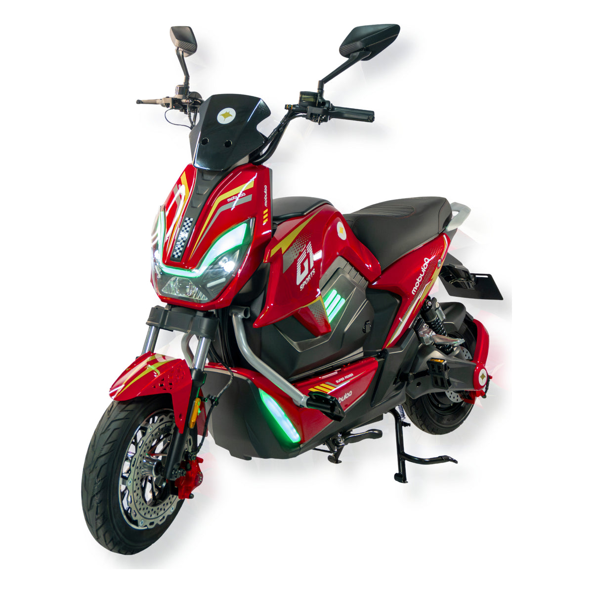 Bicimoto eléctrica MOBULAA Raptor Ultra color rojo, vista en tres cuartos delantera del lado izquierdo, sobre fondo blanco