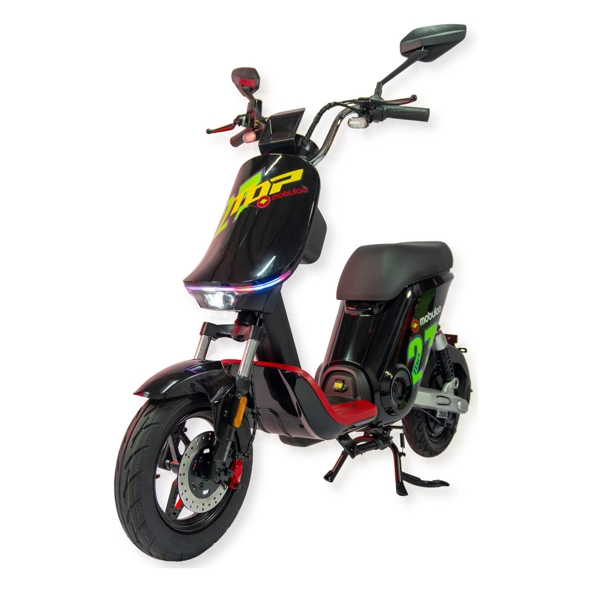 Bicimoto eléctrica MOBULAA Extra-2L color negro / rojo, vista en tres cuartos delantera del lado izquierdo, sobre fondo blanco