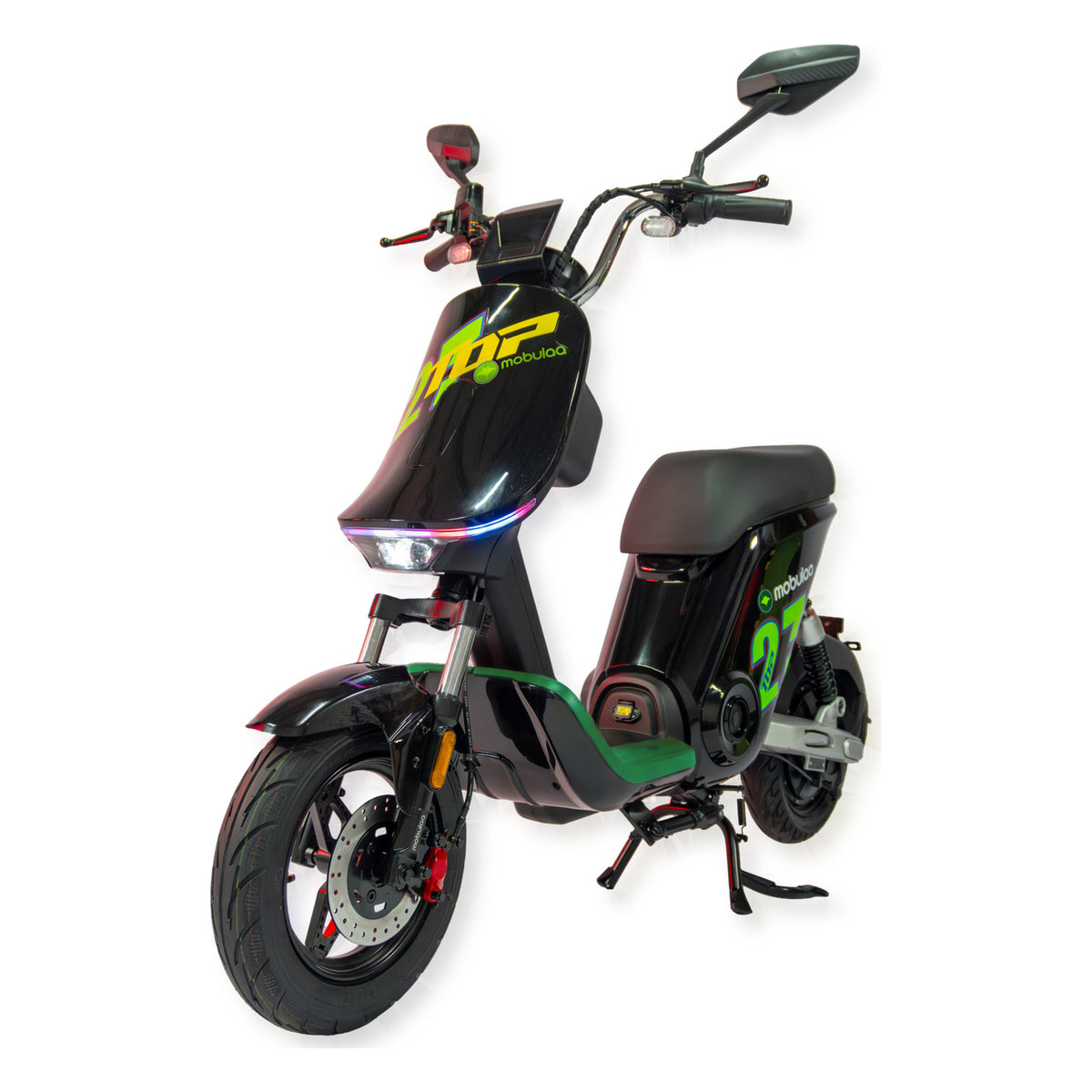 Bicimoto eléctrica MOBULAA Extra-2L color negro / verde, vista en tres cuartos delantera del lado izquierdo, sobre fondo blanco