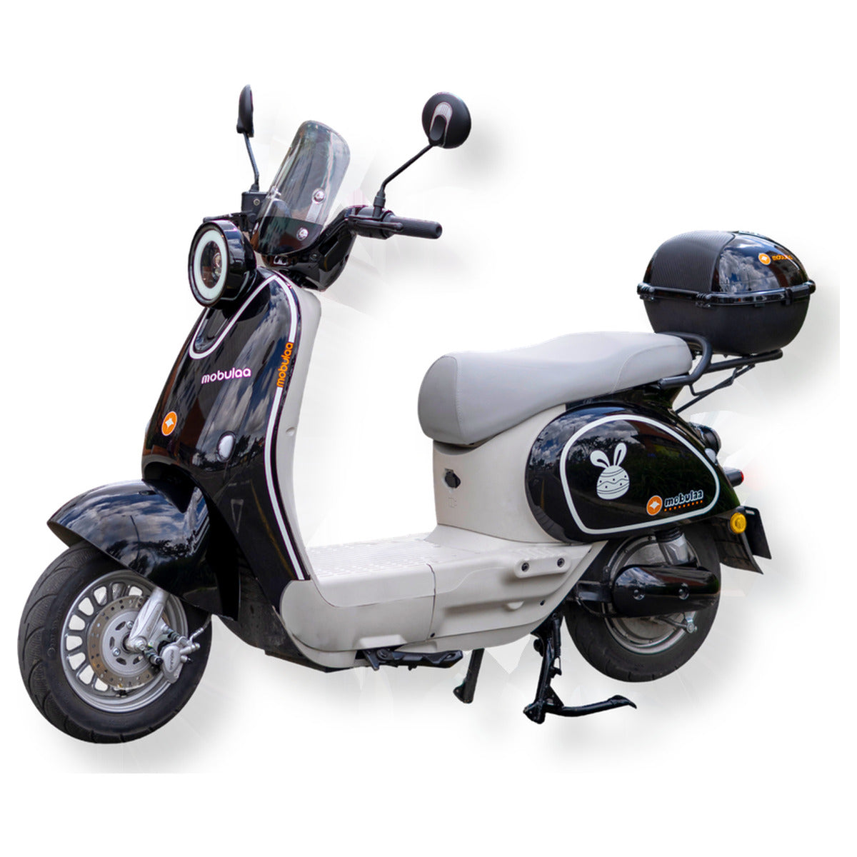 Bicimoto eléctrica MOBULAA Girl 4 Litio color blanco, vista en tres cuartos delantera del lado izquierdo, sobre fondo blanco