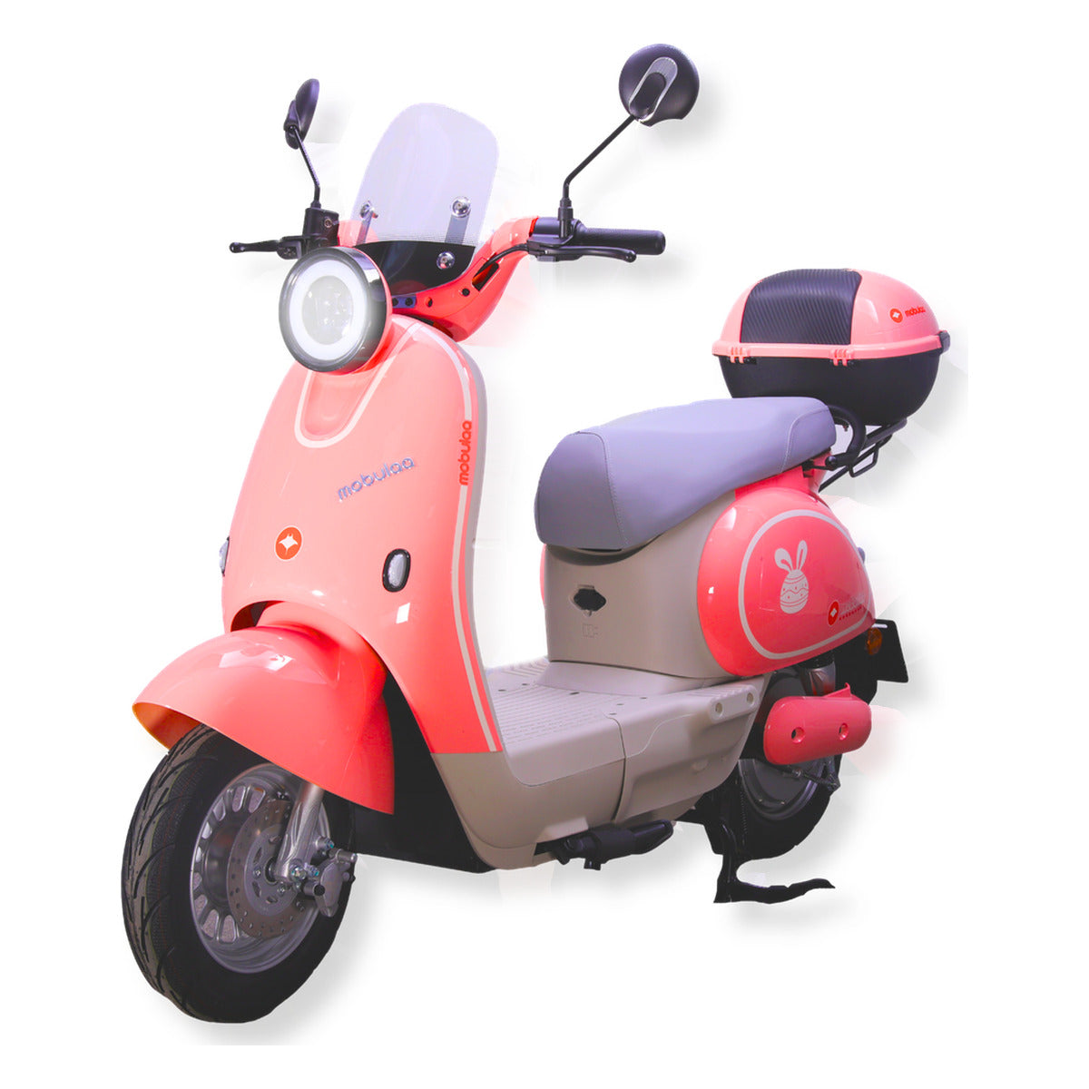 Bicimoto eléctrica MOBULAA Girl 4 Litio color rosado, vista en tres cuartos delantera del lado izquierdo, sobre fondo blanco
