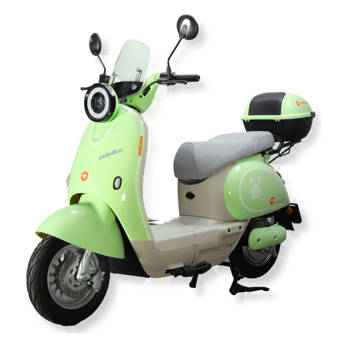 Bicimoto eléctrica MOBULAA Girl 4 Litio color verde, vista en tres cuartos delantera del lado izquierdo, sobre fondo blanco