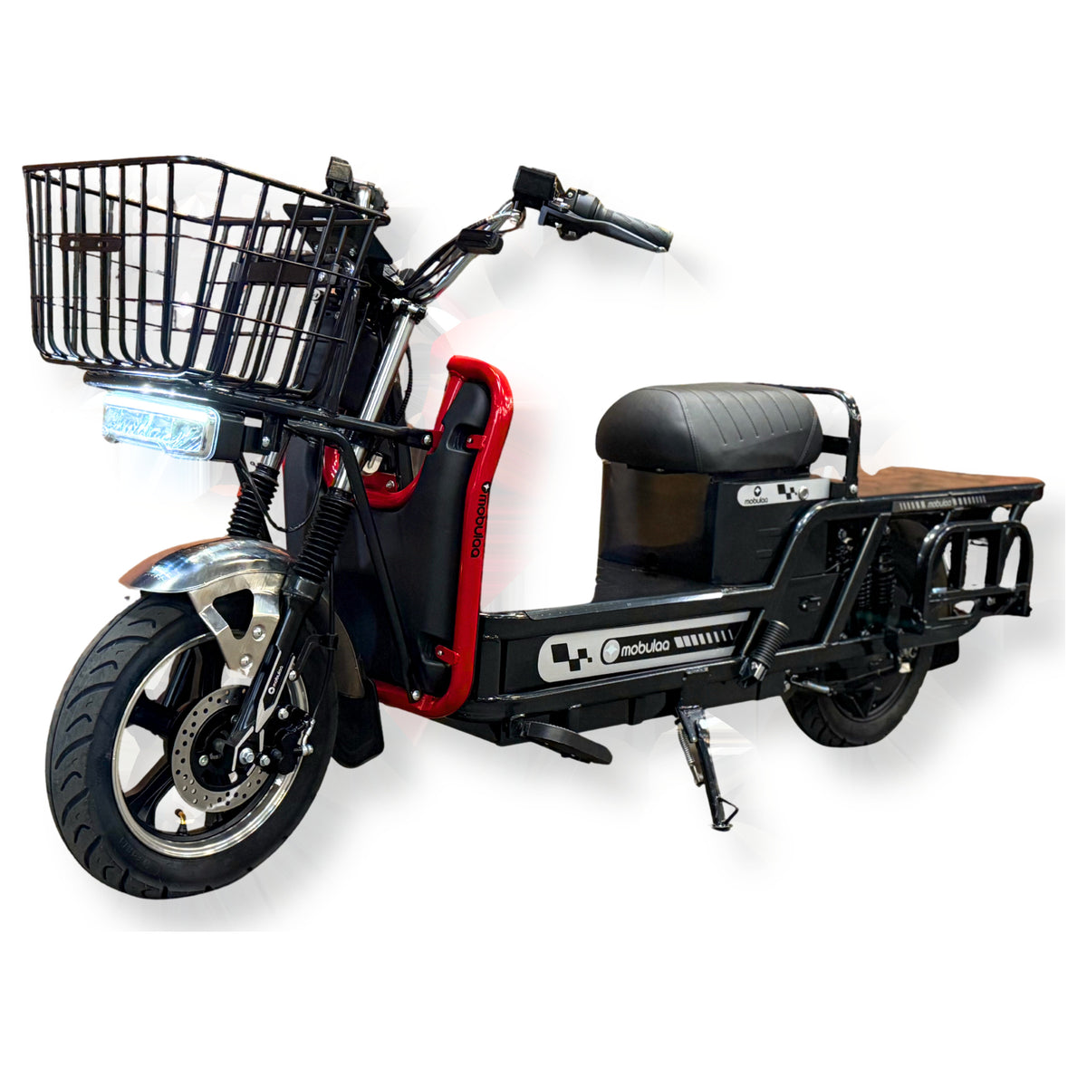 Moto eléctrica de carga MOBULAA Hércules color rojo, vista en tres cuartos delantera del lado izquierdo, sobre fondo blanco