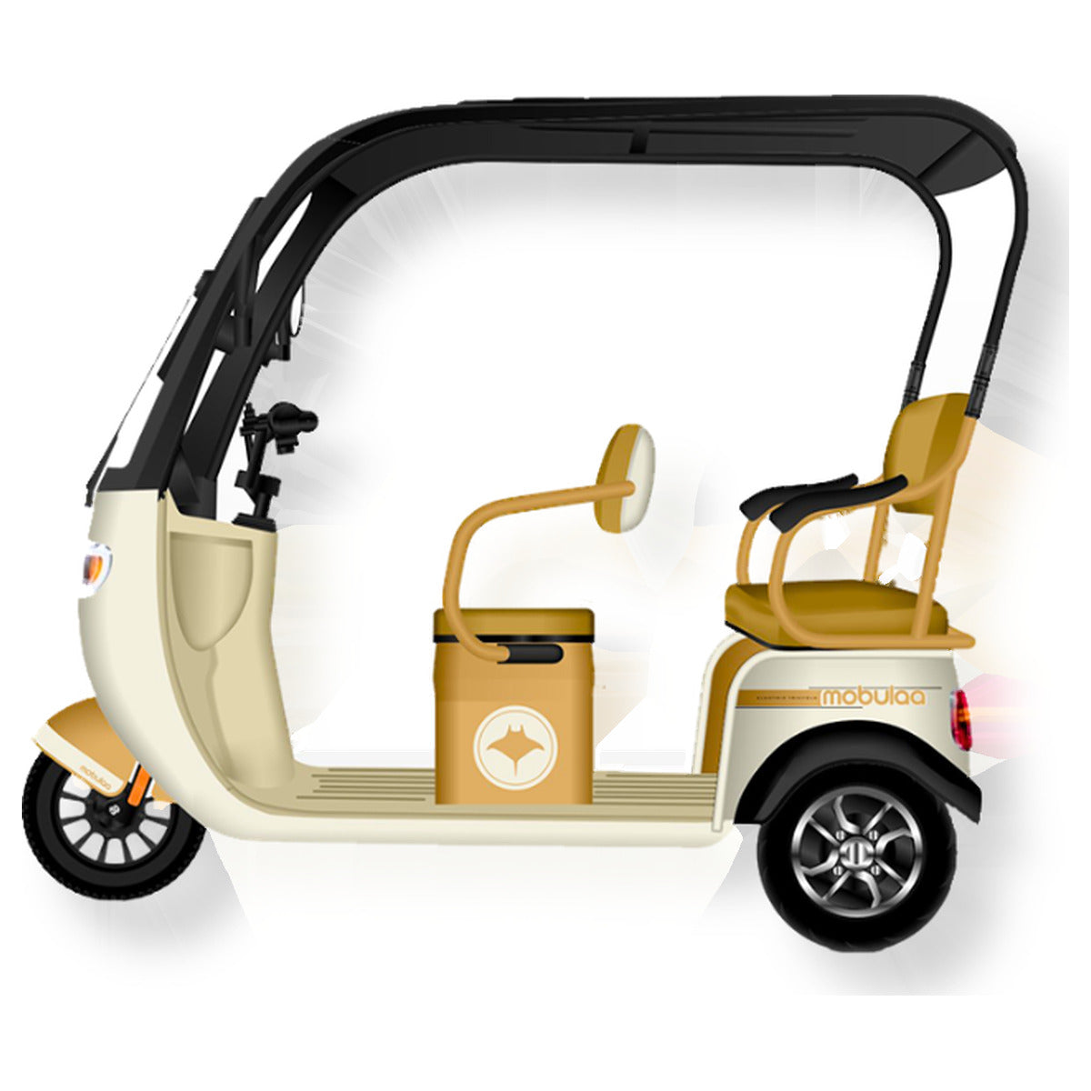 Trimoto eléctrica MOBULAA Family-7 (P7) color beige, vista en tres cuartos delantera del lado izquierdo, sobre fondo blanco