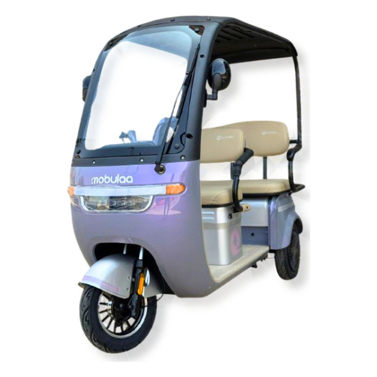 Trimoto eléctrica MOBULAA Family-7 (P7) color morado perlado, vista en tres cuartos delantera del lado izquierdo, sobre fondo blanco
