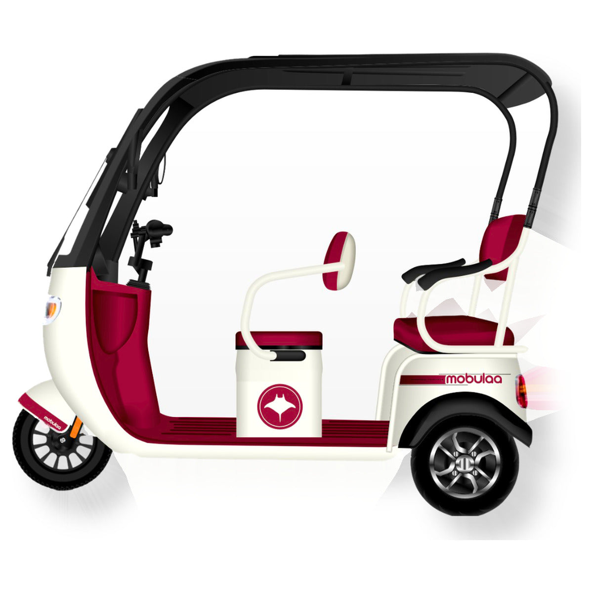 Trimoto eléctrica MOBULAA Family-7 (P7) color vinotinto crema, vista en tres cuartos delantera del lado izquierdo, sobre fondo blanco